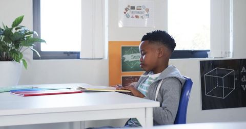 Elementary Student Reading at Desk in Bright Classroom with Geometry Poster and Plant