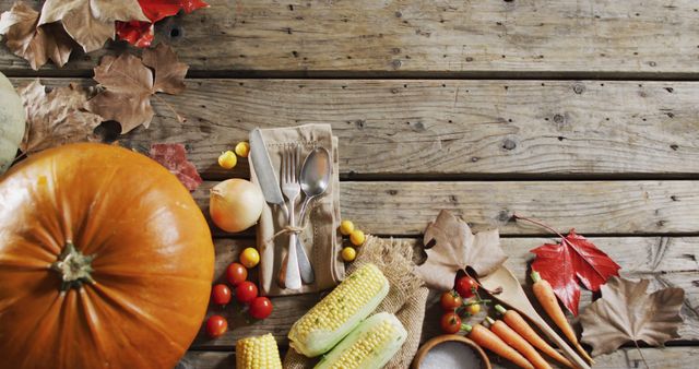 This vibrant autumn scene showcasing a rustic table graced with seasonal vegetables like pumpkins, corn, and carrots along with fall leaves embodies the essence of harvest time. Suitable for use in seasonal promotions, Thanksgiving posts, culinary blogs, and harvest festival advertisements to evoke a warm, cozy fall atmosphere.