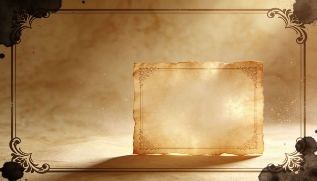 Standing aged parchment card showing ornate filigree border glowing on soft sepia backdrop