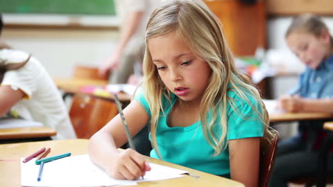 Young Student Concentrating on Classroom Assignment