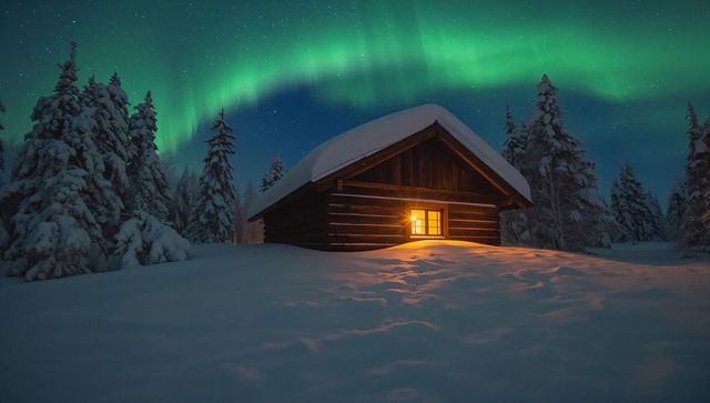 Aurora Borealis Arching Over Snow-Covered Log Cabin with Warm Window Glow