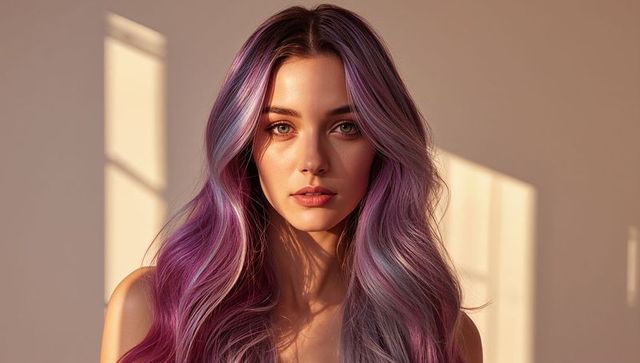 Woman posing in studio with purple lavender hair and natural makeup, window light, headshot