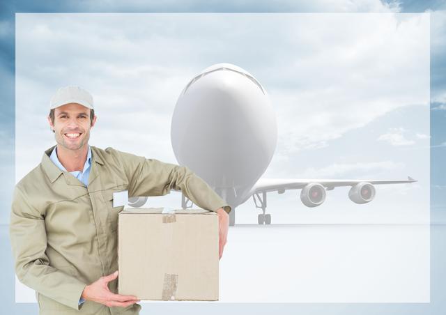 Smiling delivery man in uniform holding parcel box with airplane in background symbolizes fast and global shipping. Ideal for use in advertisements, websites, or articles about logistics, courier services, e-commerce, and global shipping industries.
