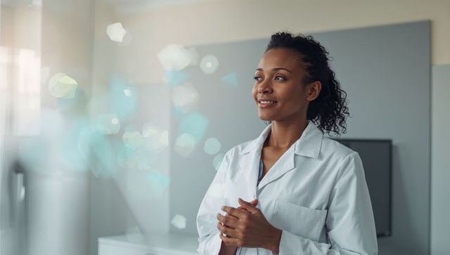 Female Clinician Standing Calmly in Clinic Wearing White Lab Coat, Professional Healthcare