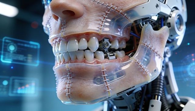 Cybernetic jaw revealing stitched synthetic skin, transparent plating, inner gears and teeth