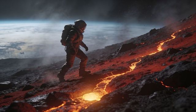 Solo astronaut climbing volcanic slope over molten lava fissure distant planet horizon