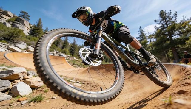 Helmeted mountain biker carving fast dirt berm on full-suspension trail bike