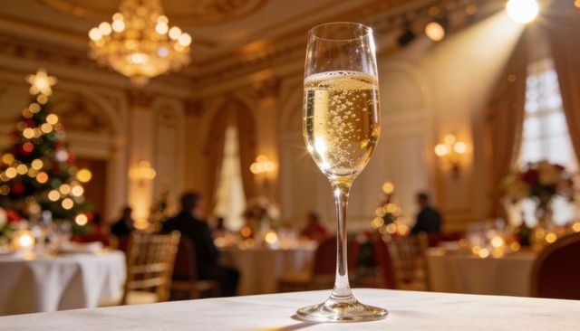 Sparkling champagne flute on linen in ornate ballroom with festive holiday banquet ambiance