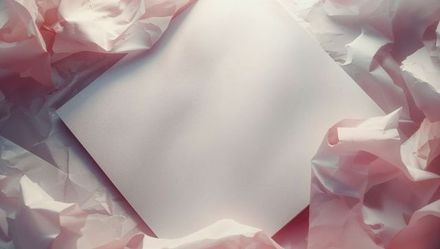 Blank white square sheet with crumpled pink and white fragments