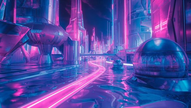 Futuristic cyberpunk city with neon glowing pathway and towers