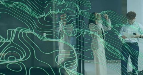 Business Team Reviewing Augmented Topographic Data on Glass Wall in Modern Office