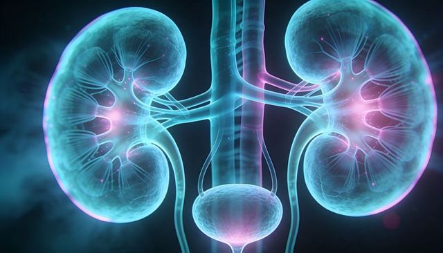 Glowing 3D Medical Illustration of Kidneys, Ureters and Bladder Highlighting Renal Anatomy
