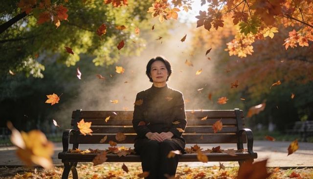 Asian senior woman sitting on park bench amid falling autumn leaves and golden sun rays