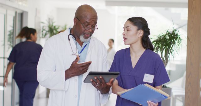 Image of happy, diverse male and female doctor with files and tablet talking in hospital corridor - Download Free Stock Photos Pikwizard.com