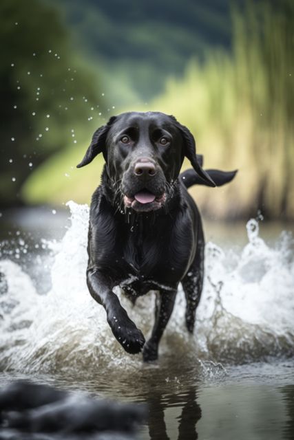 Black labrador dog running in water over grass created using generative ai technology. Animals, pets and nature concept digitally generated image.