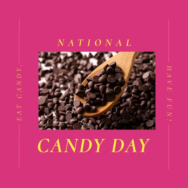 Composition of national candy day text over chocolate candy. National candy day and celebration concept digitally generated image.