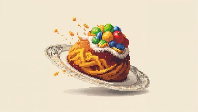 Pixel-art braided pastry topped with white icing and vibrant candies on porcelain plate