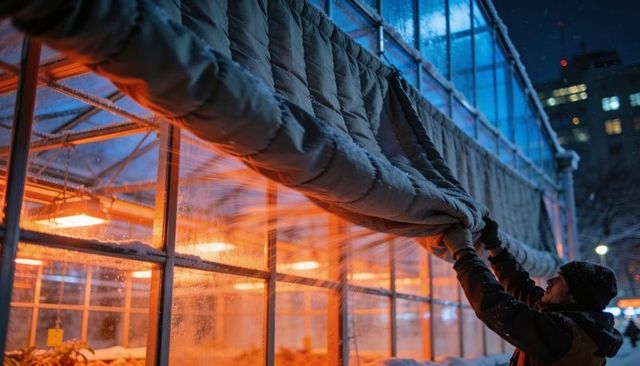 Worker lowering quilted insulation on urban greenhouse at night with warm interior glow