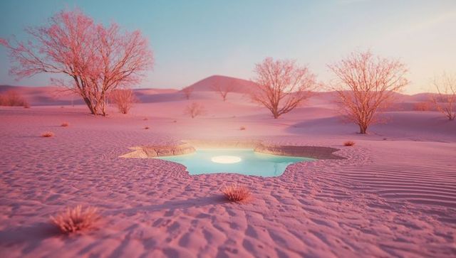 Surreal Pink Desert with Glistening Turquoise Oasis at Sunset
