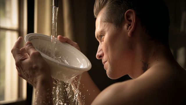 Shirtless man catching running water in white basin near wooden window, diffused light