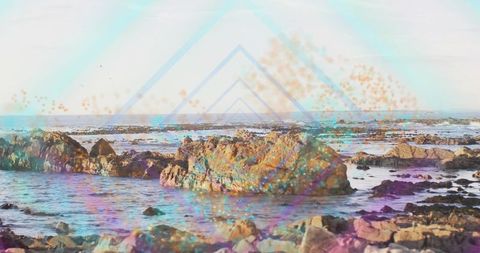 Pastel geometric coastal rockscape with triangle overlay and tidal pool textures