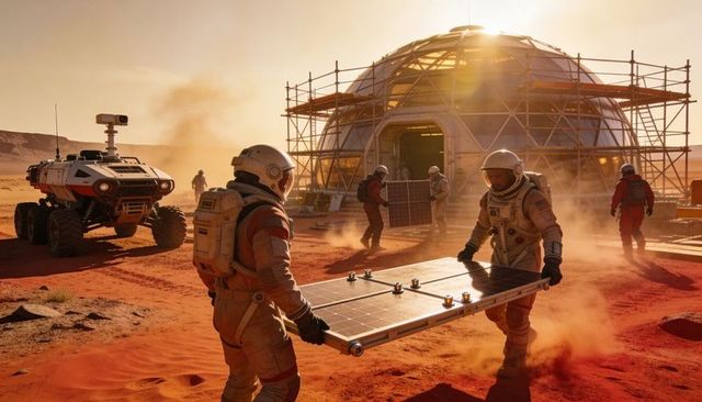 Astronauts carrying solar panel assembling mars habitat at golden hour rover scaffolding