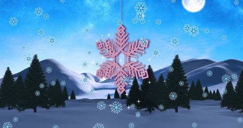 Digital winter scene with falling snowflakes and full moon