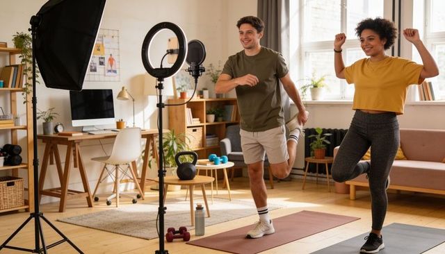 Couple recording home workout balancing on one leg in living room studio with ring light
