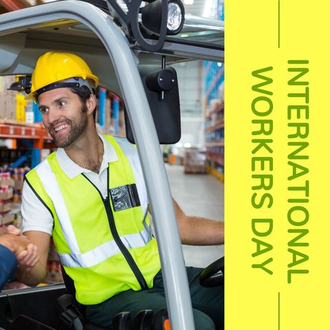smiling warehouse worker celebrating international workers day - Download Free Stock Templates Pikwizard.com