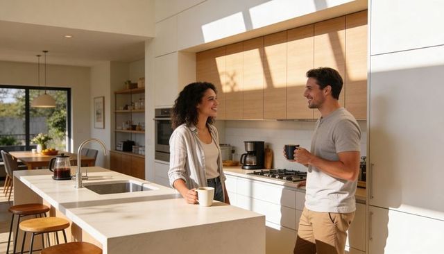 Couple chatting over coffee in sunlit modern kitchen leaning on quartz island