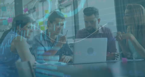 Diverse Colleagues Analyzing Data with Overlay Graphics in Office