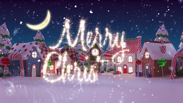 Digital illustration features 'Merry Christmas' written in bright, sparkling letters above a snowy village under a night sky with snowflakes and a crescent moon. Ideal for holiday cards, social media graphics, festive advertisements, and decorating blogs with seasonal content.