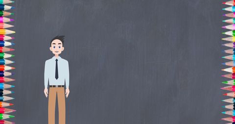 Cartoon businessman with crayon borders on blackboard