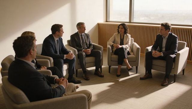 Executive leadership roundtable discussing strategy in sunlit corporate lounge