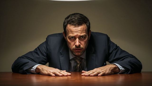 Middle-aged businessman leaning over table pressing palms, intense spotlight confrontation
