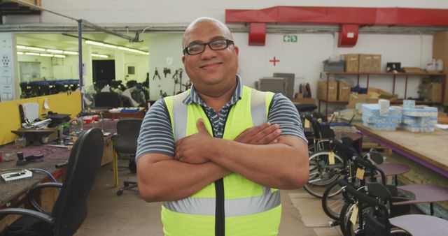 Middle-aged worker in safety vest standing confidently in workshop - Download Free Stock Images Pikwizard.com