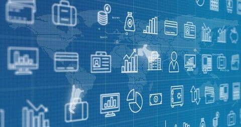 Financial dashboard interface on virtual blue grid with global connectivity