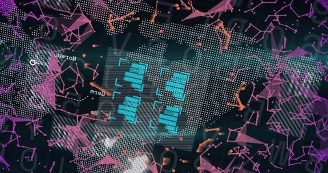Glowing cyan bar-chart cluster sitting on dotted world map with neon holographic network nodes