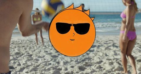 Beach volleyball players hitting ball with sunglasses sun graphic overlay