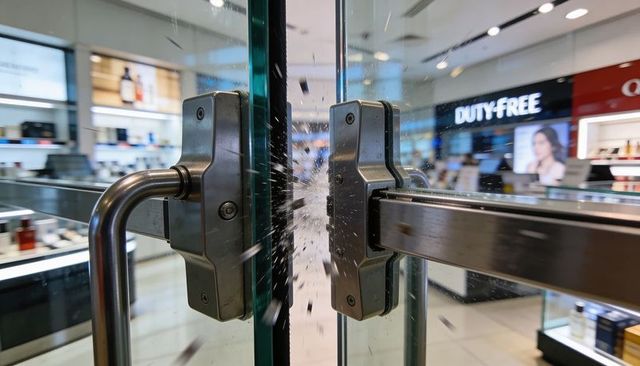 Cracked glass impact between stainless door handles at duty-free cosmetics counter