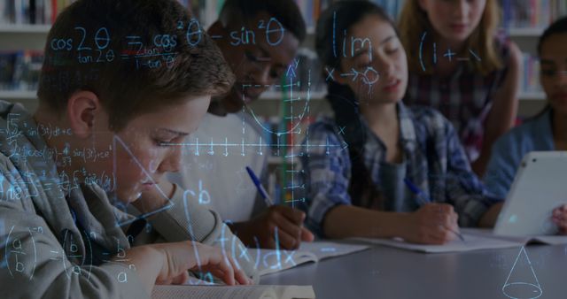 Image of mathematical equations over school children using tablet in classroom - Download Free Stock Photos Pikwizard.com