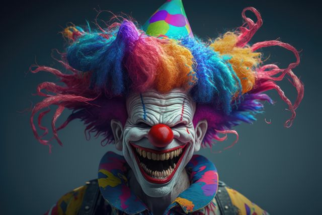 Close-up of a creepy clown with a rainbow wig and colorful costume, embodying a terrifying smile with intense makeup. Perfect for Halloween themes, horror stories, costume ideas, haunted attractions promotions, and eerie event posters.