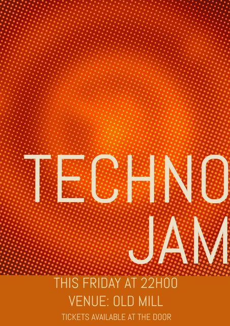 Poster depicting an upcoming Techno Jam event held this Friday at 22:00 at the Old Mill. Poster features a dynamic orange background that adds energy and vibrancy to the announcement. The information about time, venue, and ticket availability is clearly displayed. Perfect for advertising on social media, community boards, or event listing websites.