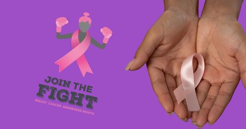 Breast Cancer Awareness with Pink Ribbon in Caring Hands