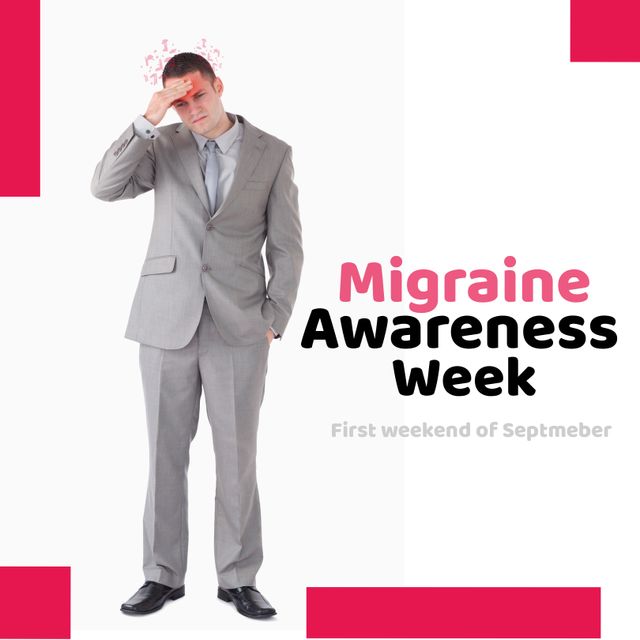 Caucasian business man holding his head and migraine awareness week text banner on white background - Download Free Stock Videos Pikwizard.com
