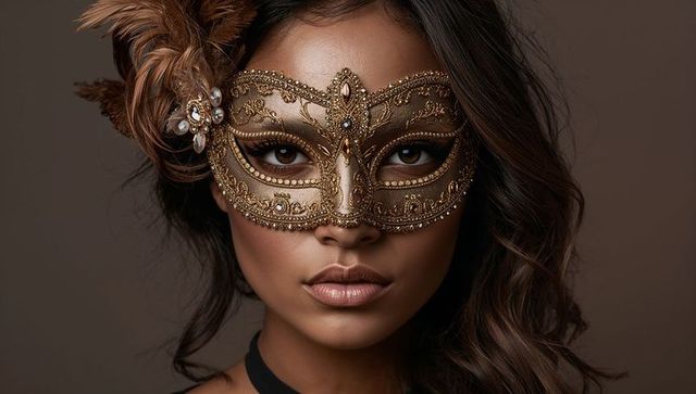 Glamorous woman wearing ornate gold Venetian mask with feather brooch and choker