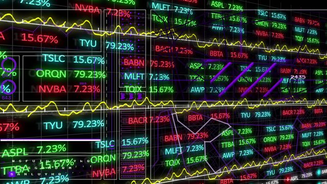 Digital stock market ticker displaying animated charts and numbers. Ideal for representing finance, investments, trading, and real-time stock market updates in business and economic presentations.