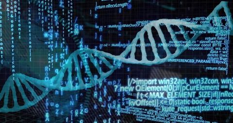 Glowing DNA Helix Overlaying Streaming Code for Bioinformatics, Genomics and Digital Diagnostics
