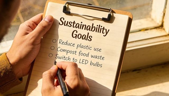 Sustainability goals checklist on clipboard by sunlit window with handwriting and pen