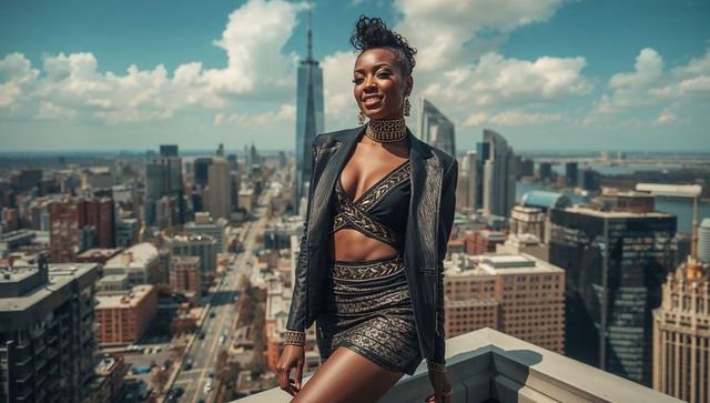 Glamorous fashion model on rooftop overlooking vibrant cityscape